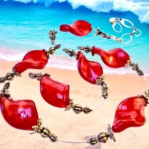 Original Designs Red Glass Beads Necklace Handcrafted NEW